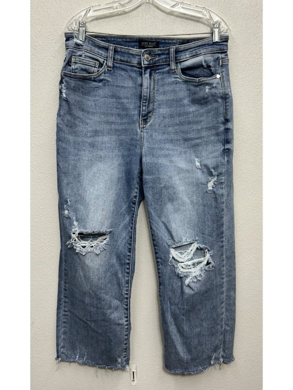 Judy Blue Wide Leg Jeans Womens 13/31 Distressed Raw Hem High Rise Stretch Denim